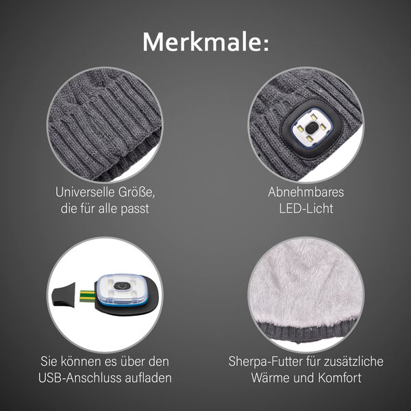 Beanie M&uuml;tze mit LED-Kopflichtfunktion, Grau image number 11