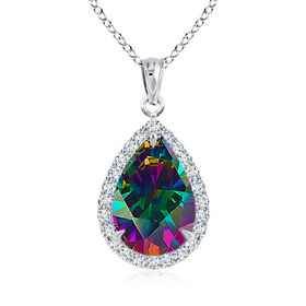 Mystischer Quarz und weißer Zirkonia-Halo-Anhänger mit Kette in Silber