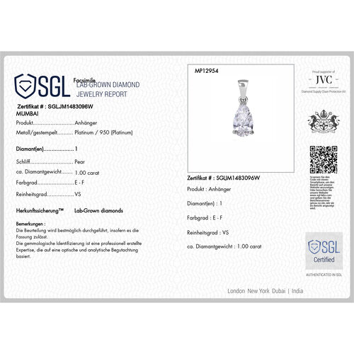 LUXURIANT DIAMOND- SGL zertifizierter VS-EF Labor Tropfenschliff Diamant Anhänger in 950 Platin - 1 ct. image number 10