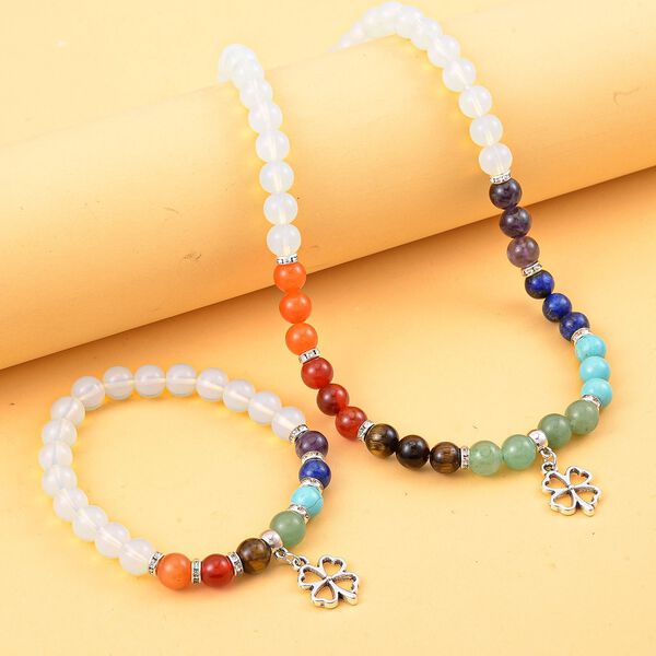 2er Set - Gl&uuml;cksklee Anh&auml;nger Set mit Mehrfarbigen und Opalit Edelsteinperlen Chakra Halskette und Armband image number 2