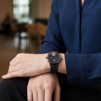 William Hunt Automatik-Uhr - IP-schwarzbeschichtetes Edelstahlgeh&auml;use, schwarzes Multifunktionszifferblatt mit gew&ouml;lbtem Glas, Edelstahl-Mesh-Armband, Glasboden, 5 ATM wasserdicht, Reiner Edelstahl