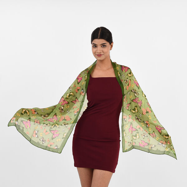Bedruckter 100% Satin-Seidenschal, 48x160cm, Schmetterlinge gr&uuml;n image number 2