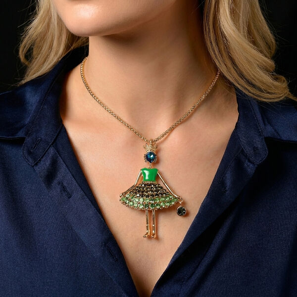 Mehrfarbiger Kristall Ballerina Anh&auml;nger mit Kette ca. 63.5 cm + 5 cm Extender, Legierung emailliert, Legierung Gelb image number 2