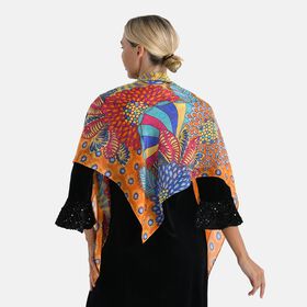 LA MAREY Signature - Seiden-Foulard aus 100% Maulbeerseide und Schmetterling-Seidenbrokat-Brosche, 110x110 cm, Safranorange