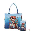 Frida Kahlo und Schmetterling Design Set, Shopper und Handy Umhängetasche, 40 x 12 x 35 cm, Blau