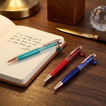 "Set of 3 artificial Ballpoint Pen material:Aluminum alloy +Plastic,   Color: Peacock blue,bright red,transparent blue black ink Pen barrel without carve  The box is printed with the logo"