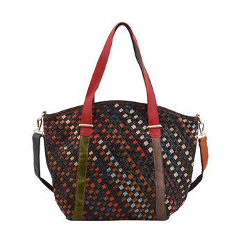 CHAOS BY ELSIE - Umh&auml;ngetasche aus echtem Leder mit Webmuster, 42x12x32 cm, Karomuster, dunkel