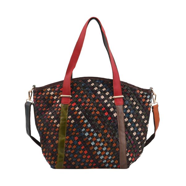 CHAOS BY ELSIE - Umh&auml;ngetasche aus echtem Leder mit Webmuster, 42x12x32 cm, Karomuster, dunkel