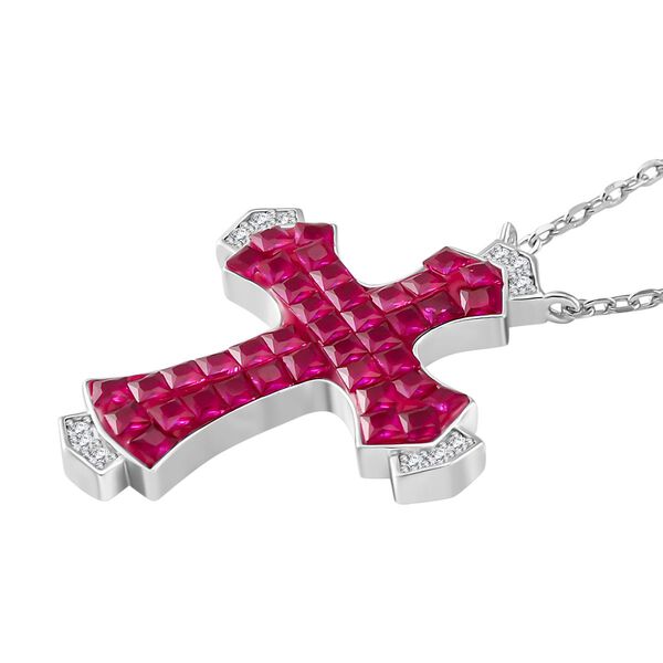 Rubin-Farbe und weißer Kreuz Zirkonia Anhänger mit 45cm Kette image number 4
