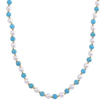 Blauer Howlit, Wei&szlig;e Muschelkernperle (7-9 mm) Halskette ca. 45 cm+ 5 cm Extender, gelb vergoldet