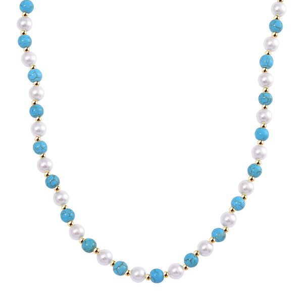 Blauer Howlit, Wei&szlig;e Muschelkernperle (7-9 mm) Halskette ca. 45 cm+ 5 cm Extender, gelb vergoldet