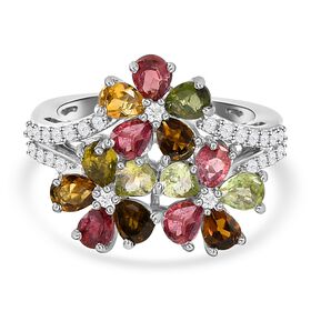 Natürlicher Mehrfach-Turmalin und floraler Zirkon-Ring, 925 Silber platiniert, 2,61 ct.