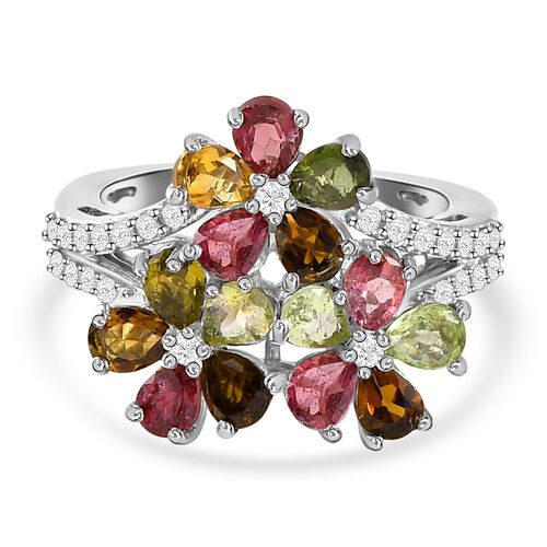 Natürlicher Mehrfach-Turmalin und floraler Zirkon-Ring, 925 Silber platiniert, 2,61 ct. image number 0
