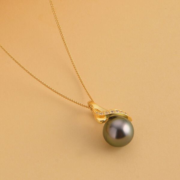 Tahiti Perle und wei&szlig;er Zirkon-Anh&auml;nger mit Kette, ca. 10-11mm, 925 Silber Gelbgold Vermeil ca. 0.15 ct image number 1