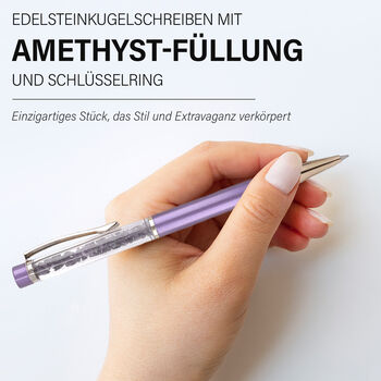 Kugelschreiber mit Amethyst-Edelsteinf&uuml;llung, inkl. Nachf&uuml;llmine und Schl&uuml;sselanh&auml;nger, Violett