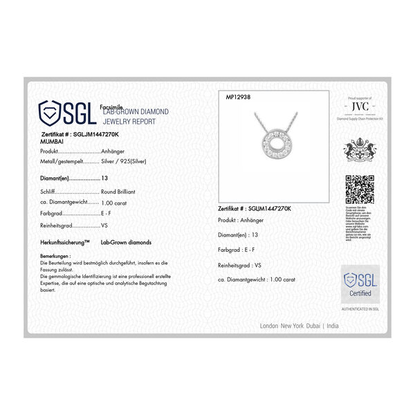 LUXURIANT SGL zertifizierter VS-EF Diamant Anh&auml;nger mit 50cm Kette, 925 Silber platiniert- 1 ct. image number 3