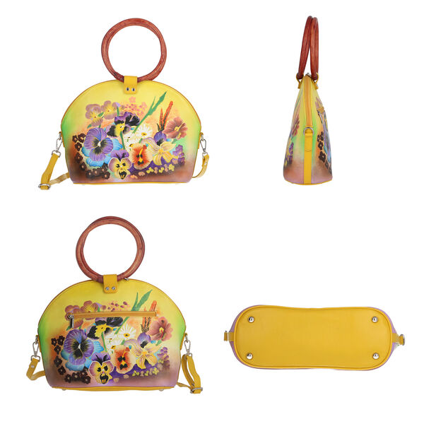 SUKRITI, Handbemalte 100% Leder Tasche mit Maulbeerseiden Schal, Blumenmuster, Senfgelb image number 3