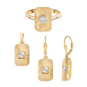 3er Set - D'Joy Weißer Diamant Ohrringe, Ring und Anhänger 925 Silber Gelbes Gold (Größe 16) (10-15 Werktage Lieferzeit)