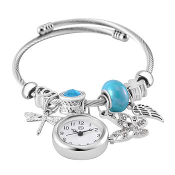 STRADA - Japanisches Uhrwerk mit wei&szlig;em Kristall, Stahl-Glanz, blaue Perlen und Charms, Edelstahl