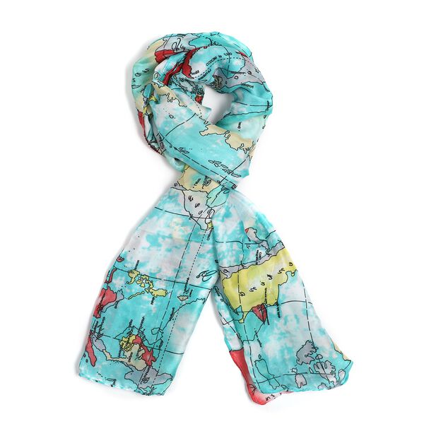 100% nat&uuml;rlicher Satin Seiden Schal, Weltkarte Muster, T&uuml;rkis image number 4