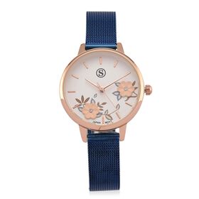 STRADA Uhr mit Japanischem PC21S Werk, Edelstahl-Mesharmband Blau, Gehäuse Roségoldfarben, florales Zifferblatt Weiß mit Weißem Kristall