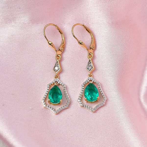 D'Joy Smaragd-Quarz Triplette, Wei&szlig;er Zirkon Ohrringe 925 Silber 750 Gelb Vergoldet ca. 2,70 ct. image number 1