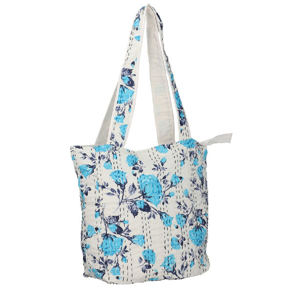 Kantha Schultertasche f&uuml;r Damen, Gr&ouml;&szlig;e 35,5x47 cm, Blau/Wei&szlig; image number 5