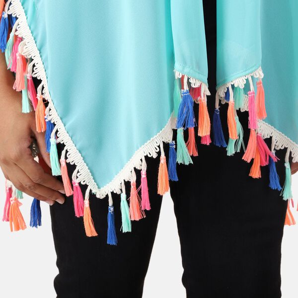 Chiffon Kimono mit mehrfarbigen Quasten, Einheitsgr&ouml;&szlig;e, hellblau image number 3