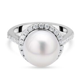 Weißer Südseeperlen und Zirkon-Ring, , 925 Silber rhodiniert