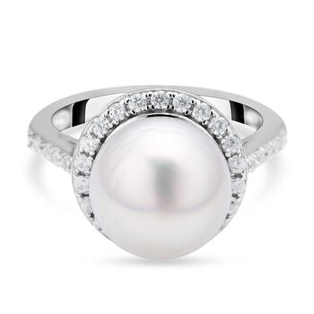 Wei&szlig;er S&uuml;dseeperlen und Zirkon-Ring, , 925 Silber rhodiniert