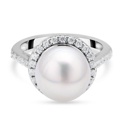 Wei&szlig;er S&uuml;dseeperlen und Zirkon-Ring, (11-12 mm), 925 Silber rhodiniert (Gr&ouml;&szlig;e 20.00)