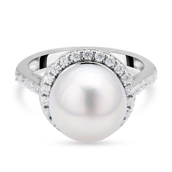 Wei&szlig;er S&uuml;dseeperlen und Zirkon-Ring, , 925 Silber rhodiniert