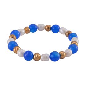 Flexibles blaues Achat und weißes Süßwasserperlen-Armband - 90 ct.