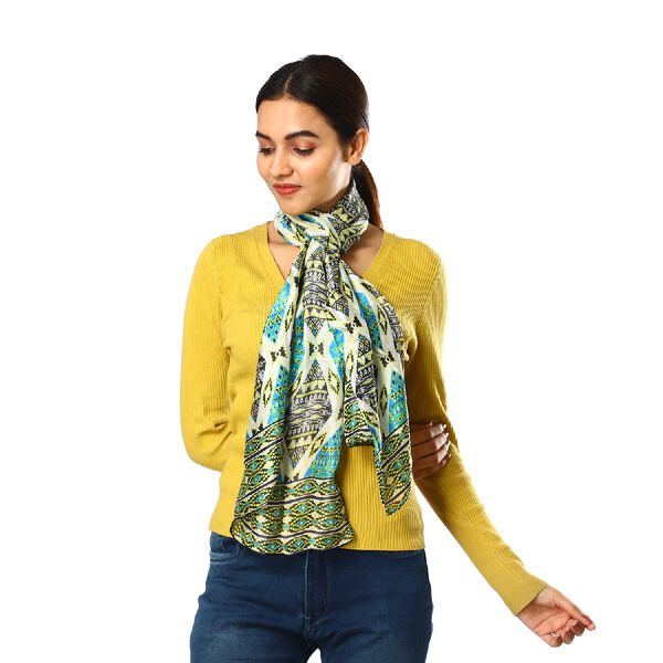 100% nat&uuml;rlicher Satin Seiden Schal, 165x50 cm, Rauten-Muster, T&uuml;rkis image number 3