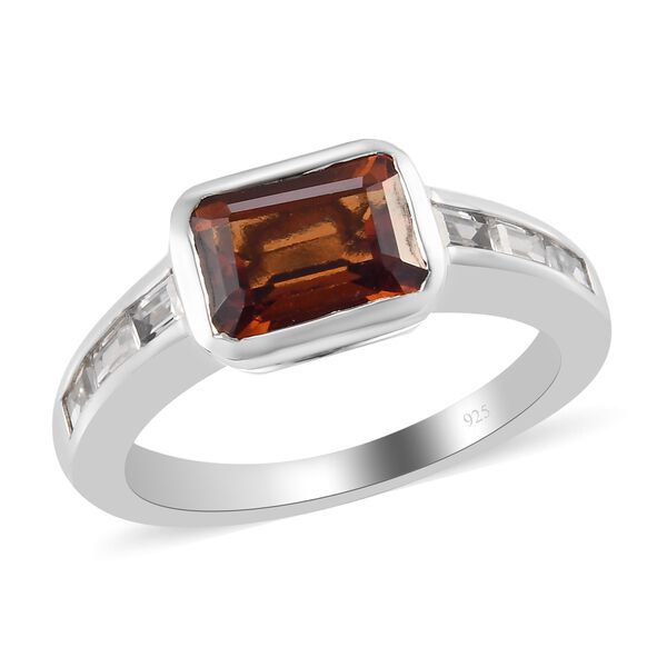 Hessonit Granat und Zirkon Solit&auml;r Ring 925 Silber Platin-&Uuml;berzug image number 4