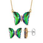 2er Set - Grüner Kristall, Weißer Zirkonia Anhänger mit Kette und Ohrringe, Messing, Reiner Edelstahl