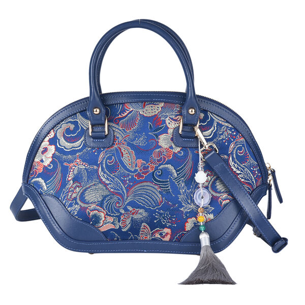 Brokat-Handtasche mit 100% Leder-Griffen, mit Jade-Quaste, florales Muster, Blau