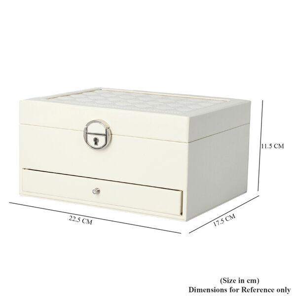 3-lagiges PU-Leder-Schmuckk&auml;stchen, herausnehmbare Elemente und Schloss, kariertes Steppmuster, wei&szlig; image number 6