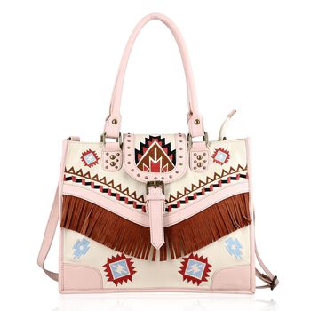 Handgefertigte Umh&auml;ngetasche aus Echtleder mit Stickerei, Fransen und geometrischem Muster, Magnetverschluss, 28x24x18cm, Cr&egrave;me