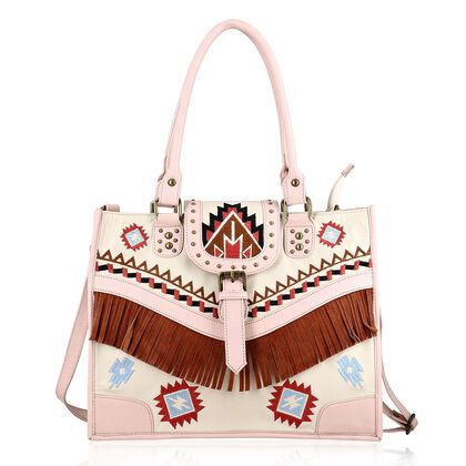 Handgefertigte Umh&auml;ngetasche aus Echtleder mit Stickerei, Fransen und geometrischem Muster, Magnetverschluss, 28x24x18cm, Creme