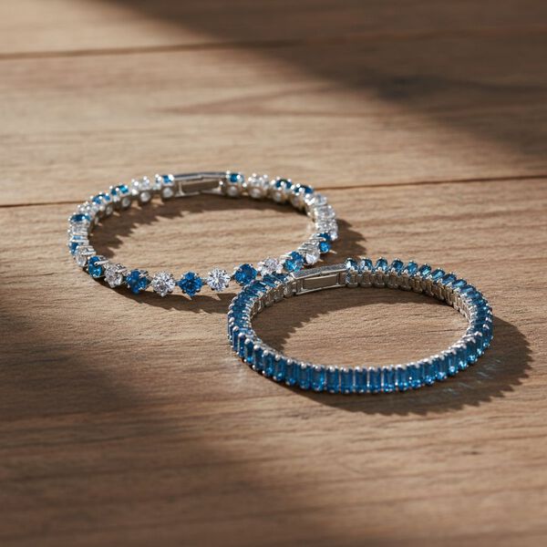 2er Set - Blauer Zirkonia, Wei&szlig;er Zirkonia Armband ca. 19 cm, Nickelfreies Messing image number 2