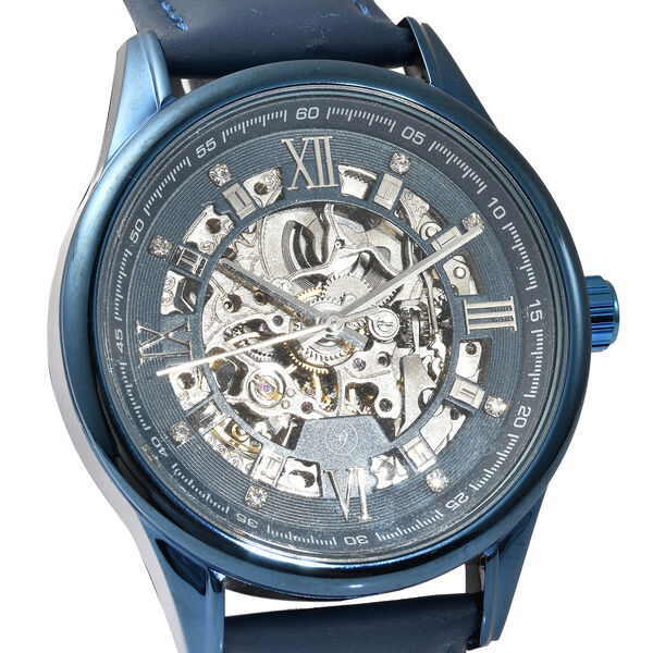 Genoa - Goldfarbene Automatikuhr, transparentes Ziffernblatt, echtes Leder-Armband, wasserdicht bis 5 ATM, Edelstahl IP-Blau-Plattierung image number 2