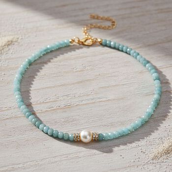 Muschelkernperle (9-11 mm) Halskette mit Blauem Quarzit, verstellbar ca. 40.5 cm +10 cm Extender, goldfarben