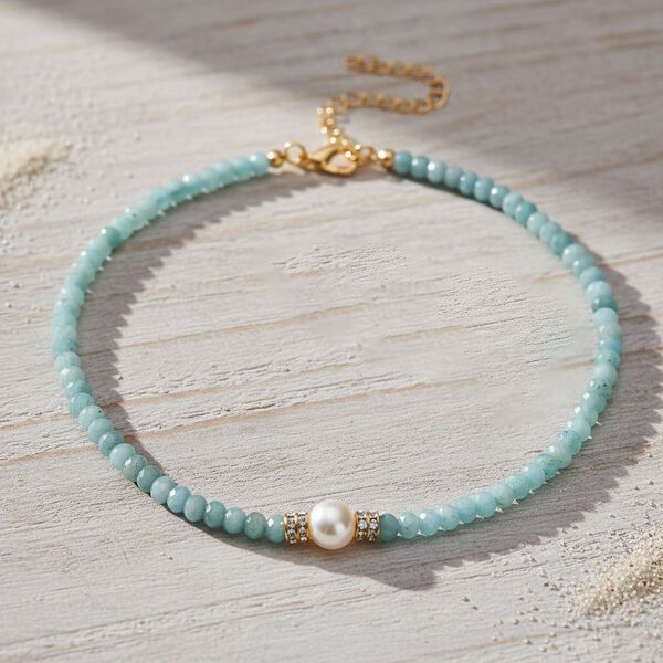 Muschelkernperle (9-11 mm) Halskette mit Blauem Quarzit, verstellbar ca. 40.5 cm +10 cm Extender, goldfarben image number 2