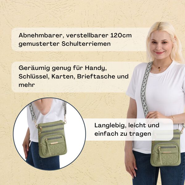 Crossbody-Tasche mit mehreren Reißverschlussfächern und gemustertem Gurt, 19x22cm, Grün image number 3