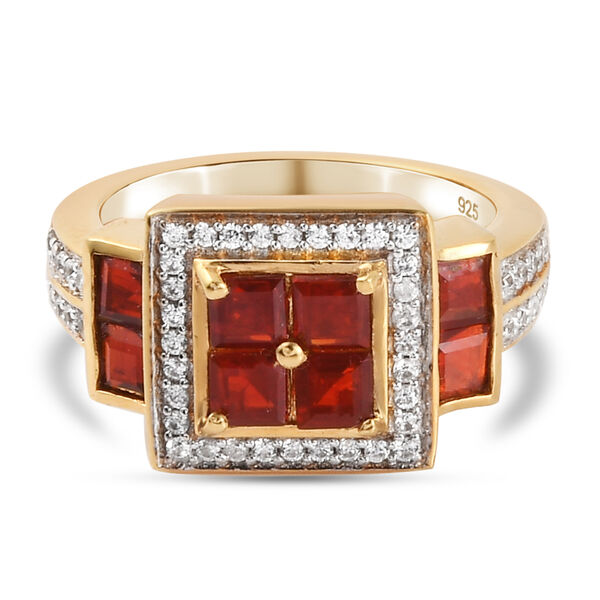 Mexikanischer Kirschfeuer-Opal und Zirkon-Ring, 925 Silber Gelbgold Vermeil  ca. 1,34 ct