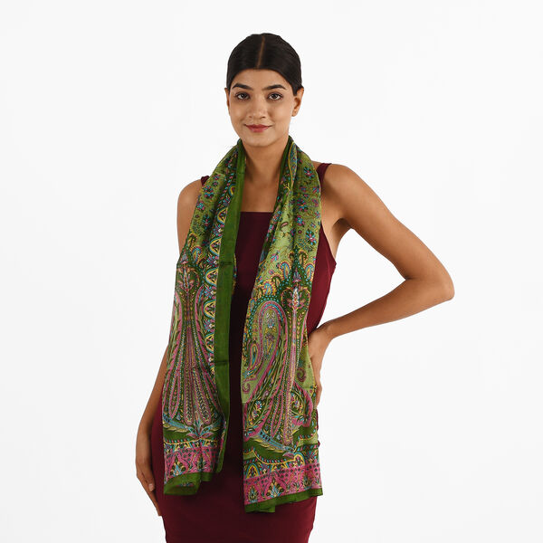 100% Natur Seide, Designer Schal, 50x160 cm, Olivgrün image number 3