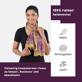 Bedruckter Schal aus 100% Seide, Mehrfarbiges Muster mit gelber Bordüre, 70x200 cm