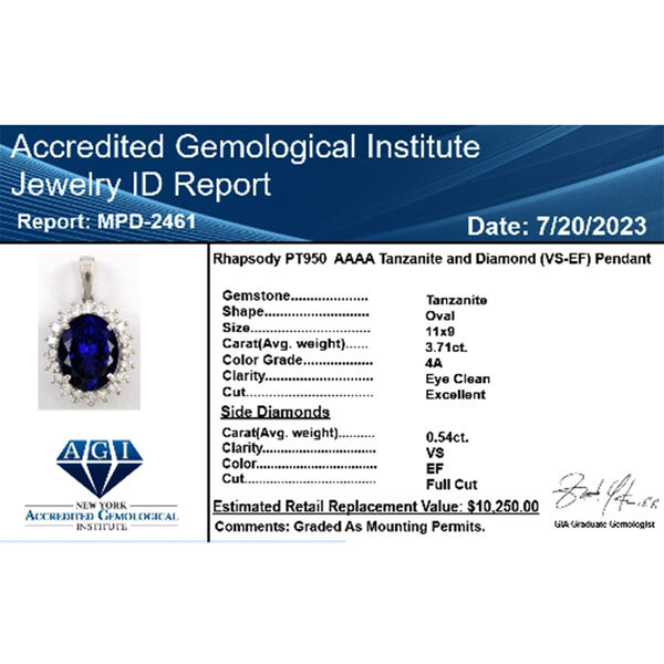RHAPSODY zertifiziert und gepr&uuml;ft AAAA Tansanit und VS Diamant Anh&auml;nger in 950 Platin - 4,25 ct. image number 9