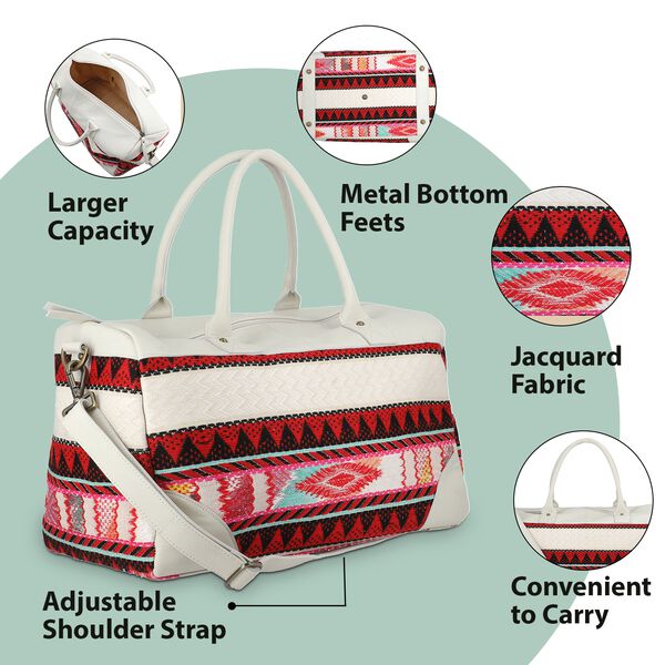 Stilvolle Weekender-Tasche aus 100% echtem Leder mit handgewebtem Dekor, weiß image number 4